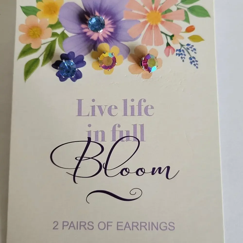 NWOT 2 Pair Fashion Post Pierced Surgical Steel Earrings Round Iridescent/Blue